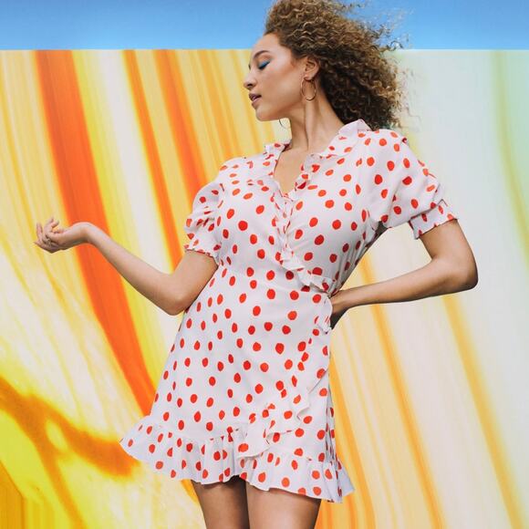 Rixo Dresses & Skirts - Rixo x Target White Red Polka Dot Print Ruffled Wrap Mini Dress Size M
